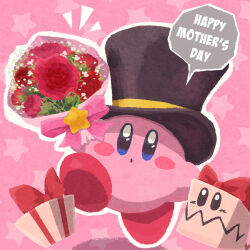 Rule 34 | blue eyes, blush stickers, bouquet, bow, carnation, commentary, flower, gift, hat, highres, holding, holding bouquet, kirby, kirby (series), miclot, mother&#039;s day, nintendo, no humans, open mouth, pink background, pink bow, pink flower, pink footwear, pink theme, red flower, shoes, speech bubble, star (symbol), starry background, top hat