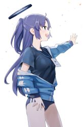 Rule 34 | 1girl, arm at side, black shirt, blue archive, blue jacket, blush, breasts, buruma, confetti, cowboy shot, grey eyes, highres, id card, jacket, long hair, looking afar, off shoulder, open mouth, outstretched arm, partially unzipped, pony (animal), purple hair, shirt, sidelocks, small breasts, smile, solo, standing, urayamashiro (artist), white background, yuuka (blue archive), yuuka (track) (blue archive)