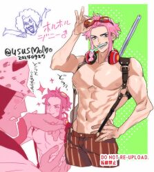 1boy 2024 3boys abs arms_up artist_name bartholomew_kuma biceps blush blush_stickers bone border brown_pants contrapposto cowboy_shot cropped_legs dated emporio_ivankov english_text food_in_mouth freckles genderswap genderswap_(ftm) ginny_(one_piece) glasses goggles goggles_on_head green_background hand_on_own_hip headphones headphones_around_neck highres holding holding_goggles leather_strap looking_to_the_side male_focus mars_symbol multiple_boys multiple_views nipples one_piece pants pectorals pink_hair polka_dot polka_dot_background red_goggles red_headphones red_pants short_hair size_difference smile solo_focus striped_clothes striped_pants tareme toned toned_male topless_male translation_request ususmomo white_border