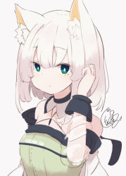Rule 34 | 1girl, animal ear fluff, animal ears, arknights, bare shoulders, beni shake, breasts, closed mouth, commentary request, dress, green dress, green eyes, grey background, hair between eyes, hand up, jacket, kal&#039;tsit (arknights), looking at viewer, medium breasts, off-shoulder jacket, off shoulder, see-through, see-through sleeves, signature, simple background, solo, upper body, white hair, white jacket