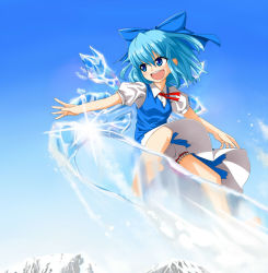 Rule 34 | 1girl, bad id, bad pixiv id, bare legs, barefoot, bloomers, blue eyes, blue hair, blue sky, bow, cirno, day, dress, from below, hair bow, ice, ice wings, matching hair/eyes, mountain, neck ribbon, open mouth, perfect cherry blossom, ribbon, short hair, sky, snow, snowboard, solo, sparkle, tks (526tks), touhou, underwear, wings