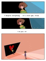 Rule 34 | 3koma, androgynous, black border, boots, border, brown hair, chara (undertale), comic, disintegration, dissolving, english text, fofu (vivivi7068), frisk (undertale), full body, gender request, heart, heart necklace, highres, jewelry, necklace, red eyes, spoilers, standing, striped clothes, striped sweater, sweater, undertale, wall