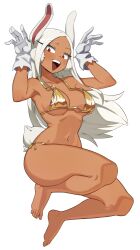 Rule 34 | 1girl, animal ears, armpits, barefoot, bikini, blush, boku no hero academia, breasts, collarbone, dark-skinned female, dark skin, feet, flowers-imh, full body, gloves, gold bikini, hands up, highres, large breasts, leotard, long hair, looking at viewer, midair, mirko, navel, open mouth, parted bangs, rabbit ears, rabbit girl, rabbit pose, rabbit tail, red eyes, side-tie bikini bottom, smile, solo, stomach, swimsuit, tail, teeth, thighs, toes, toned, upper teeth only, very long hair, white background, white gloves, white hair, white leotard