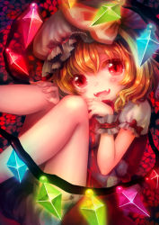 Rule 34 | 1girl, :d, blonde hair, bloomers, blush, curled up, dress, fangs, female focus, flandre scarlet, glowing, glowing wings, hand on own knee, hat, hat ribbon, looking at viewer, nishiki koi, open mouth, puffy sleeves, red dress, red eyes, ribbon, short sleeves, smile, solo, touhou, underwear, wings, wrist cuffs