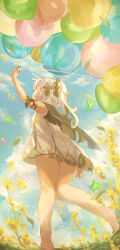 Rule 34 | 1girl, absurdres, balloon, bare legs, barefoot, commentary request, crystalfly (genshin impact), dress, from behind, from below, genshin impact, hair ornament, highres, holding, holding balloon, kuma (kumasan 82), long hair, nahida (genshin impact), side ponytail, solo, white dress, white hair