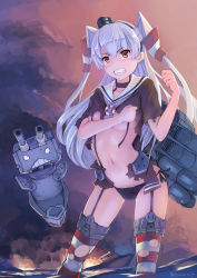Rule 34 | 10s, 1girl, absurdres, amatsukaze (kancolle), arched back, black panties, blush, breasts, brown eyes, choker, clenched hand, clenched hands, clenched teeth, cloud, contrapposto, covering breasts, covering privates, dated, feihong, garter straps, hair tubes, highres, kantai collection, long hair, machinery, navel, panties, rensouhou-kun, signature, silver hair, sky, small breasts, solo, standing, striped clothes, striped thighhighs, tears, teeth, thighhighs, torn clothes, two side up, underwear, wading
