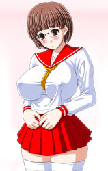 Rule 34 | 1girl, 286c, blush, breasts, brown eyes, collarbone, covered erect nipples, cowboy shot, cropped legs, glasses, gradient background, head tilt, huge breasts, long sleeves, looking at viewer, miniskirt, pleated skirt, red skirt, rimless eyewear, school uniform, shirt, short hair, skirt, solo, thighhighs, white shirt, white thighhighs