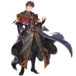 Rule 34 | 1boy, boots, brown eyes, brown hair, cape, ear piercing, earrings, fingerless gloves, gloves, granblue fantasy, jewelry, lobelia (granblue fantasy), long sleeves, looking at viewer, official art, pendant, piercing, simple background, solo, transparent background