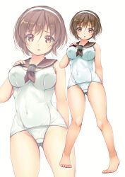 Rule 34 | 1girl, absurdres, adapted costume, bare legs, barefoot, blush, breasts, brown eyes, brown hair, brown sailor collar, full body, gluteal fold, gradient background, grey background, hairband, hand on own chest, highres, kantai collection, leotard, looking at viewer, medium breasts, natori (kancolle), one-piece swimsuit, open mouth, playboy bunny, sailor collar, short hair, solo, swimsuit, white hairband, white one-piece swimsuit, yashin (yasinz), zoom layer