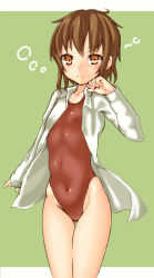 Rule 34 | 10s, 1girl, blazer, brown eyes, brown hair, brown one-piece swimsuit, competition swimsuit, covered navel, gluteal fold, highleg, highleg swimsuit, jacket, kantai collection, kurogane daichi, looking at viewer, matching hair/eyes, one-piece swimsuit, short hair, solo, standing, swimsuit, thigh gap, wakaba (kancolle)