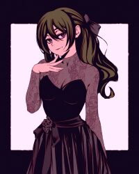 Rule 34 | 1girl, black dress, bow, closed mouth, dress, green hair, grey background, hair bow, long hair, looking at viewer, moshimoshibe, ponytail, purple eyes, sousou no frieren, standing, ubel (sousou no frieren)
