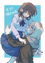 Rule 34 | 2girls, blue bow, blue bowtie, blue shirt, blue skirt, blush, bow, bowtie, brown hair, brown jacket, commentary, earclip, girls band cry, grey hair, grey hoodie, hashtag-only commentary, highres, hood, hood down, hoodie, iseri nina, jacket, kawaragi momoka, lifting person, long hair, long sleeves, low twintails, multicolored hair, multiple girls, open mouth, pantyhose, pingke box, pleated skirt, roots (hair), school uniform, shirt, short hair, short twintails, sidelocks, skirt, translation request, twintails, white pantyhose