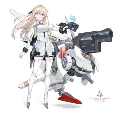 Rule 34 | 1girl, arm at side, bare shoulders, blonde hair, blue eyes, boots, bracer, breasts, cape, commentary request, dress, elbow gloves, floating hair, full body, gloves, glowing, grey thighhighs, gun, headgear, highres, holding, holding weapon, hologram, holographic monitor, logo, long hair, looking at viewer, original, outstretched arm, poco (asahi age), science fiction, short dress, simple background, sleeveless, sleeveless dress, solo, standing, thigh boots, thighhighs, thighhighs under boots, weapon, white background, white cape, white dress, white footwear, white gloves, zettai ryouiki