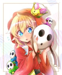 Rule 34 | 1girl, :o, ahoge, belt, blush, cloak, creature, crown, highres, holding, holding mask, hood, hood up, hooded cloak, humanization, long hair, long sleeves, mario (series), mask, unworn mask, multicolored hair, new super mario bros. u deluxe, nintendo, nose blush, open mouth, peeking, pina710, pink hair, round teeth, shy guy, solo focus, streaked hair, striped, striped background, super crown, teeth, upper body, upper teeth only, wide sleeves