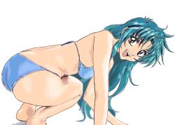 Rule 34 | 1girl, :d, all fours, ass, bare arms, bare legs, bare shoulders, barefoot, bikini, blue bikini, blue hair, breasts, brown eyes, chidori kaname, full metal panic!, hair intakes, long hair, medium breasts, mizumori keiichi, open mouth, simple background, smile, solo, swimsuit, thighs, white background