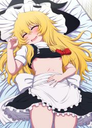 Rule 34 | 1girl, ^ ^, absurdres, apron, arm rest, bare arms, blonde hair, bow, buttons, closed eyes, clothes lift, drooling, flat chest, hair bow, hand on own stomach, hand rest, hand up, hanya (hanya yashiki), hat, hat bow, highres, kirisame marisa, long hair, low-tied long hair, lying, nipples, on back, open mouth, red bow, shirt, short sleeves, skirt, sleeping, smile, solo, stomach, touhou, upper body, waist apron, white bow, witch hat