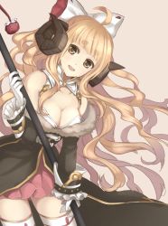 Rule 34 | 10s, 1girl, ahoge, anila (granblue fantasy), bad id, bad twitter id, bare shoulders, blonde hair, breasts, cleavage, detached collar, draph, eyebrows, fur trim, gloves, granblue fantasy, holding, horns, large breasts, long hair, looking at viewer, open mouth, riffey, sheep horns, simple background, skirt, solo, thighhighs, white gloves, white thighhighs, yellow eyes, zettai ryouiki