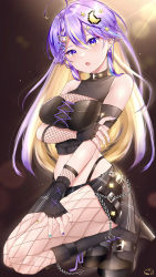Rule 34 | 1girl, :o, absurdres, ahoge, arm under breasts, backlighting, bare shoulders, belt buckle, black collar, black gloves, blonde hair, breasts, buckle, chain, collar, colored inner hair, crop top, ear piercing, earrings, fingerless gloves, fishnet gloves, fishnet pantyhose, fishnets, gloves, gradient eyes, hair ornament, hairclip, high heels, highres, hololive, hololive indonesia, jewelry, large breasts, lens flare, long hair, maka aratame, midriff, miniskirt, moona hoshinova, moona hoshinova (punk rock), multicolored eyes, multicolored hair, multicolored nails, multiple earrings, nail polish, open mouth, panty straps, pantyhose, piercing, plaid, plaid skirt, purple eyes, purple hair, skirt, solo, squatting, star (symbol), star hair ornament, thighs, two-tone hair, virtual youtuber, yellow eyes