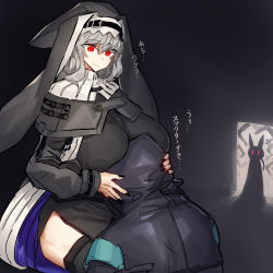Rule 34 | 1other, 2girls, amiya (arknights), animal ears, arknights, black dress, black jacket, black nails, breasts, commentary request, doctor (arknights), dress, habit, hair between eyes, head on another&#039;s stomach, holding another&#039;s head, hood, hooded jacket, jacket, jewelry, large breasts, long hair, long sleeves, looking at viewer, melon22, multiple girls, nail polish, necklace, nun, off-shoulder dress, off shoulder, originium arts (arknights), rabbit ears, rabbit girl, red eyes, ribbed sweater, silhouette, silver hair, specter (arknights), sweater, thighhighs, thighs, translation request, white sweater