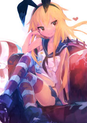 Rule 34 | 1girl, absurdres, animal ears, blonde hair, buoy, commentary request, crossed legs, hand on own face, heart, highres, kaamin (mariarose753), kantai collection, lifebuoy, looking at viewer, multicolored clothes, multicolored legwear, rabbit ears, school uniform, serafuku, shimakaze (kancolle), sitting, skirt, smile, solo, swim ring, thighhighs, yellow eyes