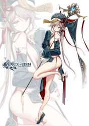 Rule 34 | 1girl, absurdres, alternate costume, breasts, clouble, detached sleeves, grey hair, hair ornament, hat, high heels, highres, holding, holding staff, leg up, long hair, looking at viewer, medium breasts, no panties, official art, parted lips, red: pride of eden, red eyes, shaw (pride of eden), side-tie costume, sideboob, sidelocks, sleeves past fingers, sleeves past wrists, slit pupils, solo, staff, thighhighs, thighs, zoom layer