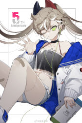 1girl, anniversary, bandaid, bandaid on knee, bandaid on leg, bare shoulders, brown hair, camisole, candy, commentary request, de lisle (girls frontline), earbuds, earphones, food, girls frontline, green eyes, hair ornament, halterneck, highres, jacket, lollipop, long hair, messy hair, mole, mole under eye, mouth hold, multicolored hair, nintendo switch, off shoulder, one eye closed, safety pin, shorts, solo, stitched leg, stitches, twintails, two-tone hair, unagi (nakaelric), white hair