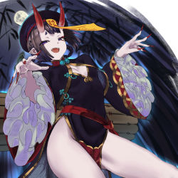 Rule 34 | 1girl, :d, bare legs, black dress, chen bingyou, china dress, chinese clothes, cleavage cutout, clothing cutout, dress, dutch angle, fangs, fate/grand order, fate (series), fingernails, hair rings, hat, horns, jiangshi, long fingernails, looking at viewer, nail polish, no panties, ofuda, oni, open mouth, outstretched arms, pelvic curtain, pointy ears, purple eyes, purple hair, qingdai guanmao, shuten douji (fate), shuten douji (festival outfit) (fate), sidelocks, skin-covered horns, smile, solo, wide sleeves