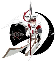 Rule 34 | 1boy, arc the lad, arc the lad ii, bandana, black hair, cape, closed mouth, cofffee, copyright name, elc (arc the lad), gloves, highres, hood, hoodie, looking at viewer, male focus, polearm, protected link, red eyes, short hair, solo, spear, weapon, white background, white cape, white hoodie