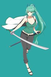 Rule 34 | 1girl, bare arms, blue ribbon, breasts, camisole, cleavage, contemporary, cosplay, full body, green background, green camisole, green eyes, green hair, green shirt, groin, hair ribbon, highres, holding, holding sword, holding weapon, katana, large breasts, long hair, nintendo, nottme, open fly, pants, pneuma (xenoblade), ponytail, ribbon, sheath, shirt, simple background, smile, solo, spaghetti strap, spoilers, swept bangs, sword, very long hair, weapon, xenoblade chronicles (series), xenoblade chronicles 2, yuzuriha (under night in-birth), yuzuriha (under night in-birth) (cosplay)