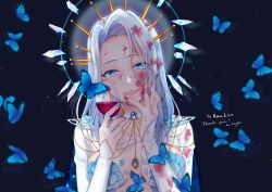 Rule 34 | 1girl, black background, blood, blood on face, blue butterfly, blue eyes, blue nails, breasts, bug, butterfly, cleavage, collarbone, commentary, commission, cup, drinking glass, english commentary, head tilt, highres, indie virtual youtuber, insect, long hair, medium breasts, mizuyu, monarch (amalee), nail polish, open mouth, portrait, second-party source, silver hair, skeb commission, smile, solo, virtual youtuber, wine glass