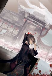 Rule 34 | 1girl, akarinchan, alternate costume, alternate hairstyle, architecture, branch, brown coat, brown hair, calligraphy brush, chinese clothes, coat, east asian architecture, flower, genshin impact, hair flower, hair ornament, hand up, hanfu, high ponytail, highres, hu tao (genshin impact), long hair, looking at viewer, paintbrush, plum blossoms, red eyes, red flower, snow, solo, very long hair, wooden floor