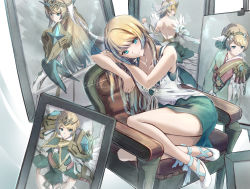 Rule 34 | 1girl, absurdres, armor, bare arms, bare shoulders, belt, blonde hair, blue eyes, blue hair, blush, chair, clear glass (mildmild1311), closed mouth, collarbone, commentary request, dress, feather trim, fire emblem, fire emblem heroes, fjorm (fire emblem), full body, gradient hair, highres, japanese clothes, jewelry, kimono, long hair, looking at viewer, multicolored hair, nintendo, official alternate costume, official alternate hairstyle, picture frame, shoes, short dress, short hair, shoulder armor, simple background, sitting, sleeveless, smile, solo, thighs, tiara, tripod