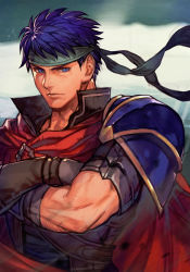 Rule 34 | 1boy, armor, blue eyes, blue hair, cape, closed mouth, crossed arms, fire emblem, fire emblem: path of radiance, fire emblem: radiant dawn, gloves, headband, hungry clicker, ike (fire emblem), looking at viewer, male focus, muscular, muscular male, nintendo, profile, ragnell, red cape, shaded face, shoulder armor, solo, upper body, wind, wind lift