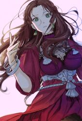 Rule 34 | 1girl, bangle, bracelet, braid, breasts, brown eyes, brown hair, cleavage, dorothea arnault, dress, earrings, fire emblem, fire emblem: three houses, fire emblem warriors: three hopes, highres, jewelry, kh (tanakananataka), long hair, medium breasts, nintendo, official alternate costume, official alternate hairstyle, parted lips, red dress, solo, teeth, watermark, white background