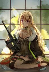 Rule 34 | 1girl, 270 (woshizongg), absurdres, ankle ribbon, bad gun anatomy, black thighhighs, bleeding, blonde hair, blood, breasts, broken glass, brown dress, brown footwear, brown jacket, character request, chinese commentary, choker, cleavage, dress, flower, fur-trimmed jacket, fur trim, glass, glass shards, gun, hair between eyes, hair flower, hair ornament, hairclip, hairpin, hand rest, high heels, highres, holding, holding gun, holding weapon, injury, jacket, jewelry, leg ribbon, long hair, long sleeves, medium breasts, necklace, open clothes, open jacket, purple eyes, red ribbon, ribbon, rifle, scope, scratches, single bare shoulder, sitting, sniper rifle, solo, sunlight, tears, thighhighs, torn clothes, torn thighhighs, two-tone choker, vss vintorez, wariza, weapon, x hair ornament, zhanchang shuang mawei