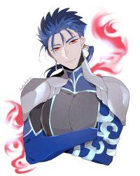 Rule 34 | 1boy, armor, blue hair, bodysuit, crossed arms, cu chulainn (fate), cu chulainn (fate/extra), earrings, fate/extra, fate (series), jewelry, long hair, male focus, namahamu (hmhm 81), pauldrons, ponytail, red eyes, red fire, shoulder armor, smile, solo, upper body