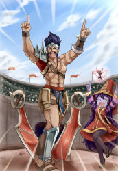 Rule 34 | 1boy, 1girl, alternate costume, arena, black hair, colored skin, colosseum, day, draven, facial hair, fairy, gladiator, hat, highres, league of legends, long hair, lulu (league of legends), nam (valckiry), open mouth, pix (league of legends), pointy ears, purple hair, purple skin, short hair, sky, v, weapon, witch hat
