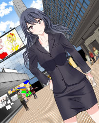 Rule 34 | 10s, 1girl, absurdres, artist request, black skirt, blue hair, dutch angle, formal, hand on own hip, highres, long hair, looking at viewer, office lady, pencil skirt, red eyes, seikaisuru kado, sitting, skirt, skirt suit, solo, suit, swept bangs, tsukai saraka