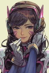 Rule 34 | 1girl, animal print, beige background, blue bodysuit, bodysuit, brown eyes, brown hair, closed mouth, d.va (overwatch), facepaint, facial mark, gloves, hand on headphones, hand on own face, headphones, high collar, highres, hungry clicker, long hair, looking at viewer, multicolored clothes, nose, overwatch, overwatch 1, pilot suit, pink lips, portrait, rabbit print, ribbed bodysuit, seductive smile, shoulder pads, simple background, skin tight, smile, solo, swept bangs, third-party source, upper body, whisker markings, white gloves, yellow background
