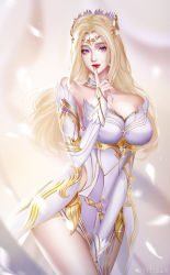 Rule 34 | 1girl, armor, armored dress, bare shoulders, blonde hair, blue eyes, douluo dalu, expressionless, feathers, finger to mouth, hair ornament, highres, long hair, qian renxue (douluo dalu), qian renxue zhuye, solo, upper body