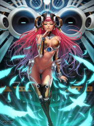 Rule 34 | 1girl, blue eyes, breasts, dcwj, galaxy saga, hand to own mouth, highres, large breasts, long hair, navel, parted lips, pink hair, revealing clothes, solo, very long hair, wide hips