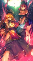 Rule 34 | 2girls, bad id, bad twitter id, bare shoulders, black dress, blonde hair, breasts, chain, chinese clothes, cleavage, clothes writing, detached sleeves, dress, full moon, hat, hecatia lapislazuli, highres, hip vent, junko (touhou), large breasts, long hair, long sleeves, looking at viewer, melon22, moon, multicolored clothes, multicolored skirt, multiple girls, no panties, red eyes, red hair, sash, see-through, serious, shirt, sideboob, skirt, standing, tabard, touhou, wide sleeves