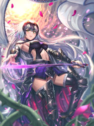 Rule 34 | 1girl, arm warmers, armor, banner, bare shoulders, black armor, blurry, blurry foreground, breasts, chain, closed mouth, cloud, cloudy sky, day, depth of field, fate/grand order, fate (series), faulds, fingernails, floating hair, foreshortening, from below, fur-trimmed legwear, fur trim, glowing, glowing sword, glowing weapon, greaves, headpiece, high heels, highres, holding, holding sword, holding weapon, jeanne d&#039;arc (fate), jeanne d&#039;arc alter (avenger) (fate), jeanne d&#039;arc alter (avenger) (third ascension) (fate), jeanne d&#039;arc alter (fate), large breasts, light particles, long hair, looking at viewer, magic, moonandmist, navel, outdoors, outstretched arm, petals, plant, silver hair, sky, smile, solo, standing, standing on one leg, sunlight, sword, thighhighs, thorns, vambraces, very long hair, vines, waist cape, weapon, wind, yellow eyes