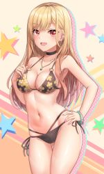 Rule 34 | 1girl, absurdres, barbell piercing, bikini, black bikini, blush, blustar sky, breasts, choker, collarbone, contrapposto, cowboy shot, ear piercing, floral print, gem, gluteal fold, hair between eyes, hand on own chest, hand on own hip, highres, industrial piercing, jewelry, kitagawa marin, large breasts, long hair, looking at viewer, medium breasts, multi-strapped bikini, nail polish, navel, necklace, o-ring, o-ring bikini, open mouth, piercing, pink nails, print bikini, red eyes, ring, side-tie bikini bottom, simple background, smile, sono bisque doll wa koi wo suru, swimsuit, thigh gap
