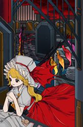 Rule 34 | 1girl, absurdres, arm support, ascot, asymmetrical hair, blonde hair, cloth, collared shirt, commentary, curtains, flandre scarlet, fork, frilled shirt collar, frills, hat, hat ribbon, highres, indoors, leaning forward, long hair, looking afar, mob cap, neruzou, own hands together, parted lips, plate, plate stack, puffy short sleeves, puffy sleeves, red ribbon, red skirt, red vest, ribbon, shirt, short sleeves, skirt, skirt set, smile, solo, swept bangs, touhou, vest, white hat, white shirt, wings, yellow ascot