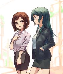 Rule 34 | 2girls, :d, aqua hair, bang dream!, black skirt, blue eyes, blue hair, brown eyes, brown hair, cyan aeolin, dress shirt, formal, green eyes, hand in pocket, hand on own chest, hazawa tsugumi, highres, hikawa sayo, holding, huge filesize, long hair, long sleeves, looking at another, multiple girls, office lady, open mouth, pencil skirt, shirt, short hair, simple background, skirt, skirt suit, sleeves rolled up, smile, suit, white background, white shirt
