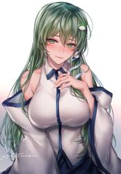 Rule 34 | 1girl, bare shoulders, blue skirt, blush, breasts, closed mouth, detached sleeves, frog hair ornament, green eyes, green hair, hair between eyes, hair ornament, hair tubes, japanese clothes, kochiya sanae, large breasts, long hair, nontraditional miko, signature, skirt, smile, snake hair ornament, solo, touhou, upper body, white sleeves, wide sleeves, yuli (yulipo)