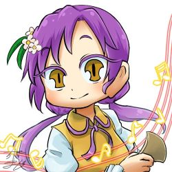 Rule 34 | 1girl, bachi, chamaji, flower, hair flower, hair ornament, hand up, long hair, long sleeves, looking at viewer, lowres, musical note, neck ribbon, plectrum, profile picture, purple hair, ribbon, signature, simple background, smile, solo, touhou, tsukumo benben, twintails, upper body, white background, yellow eyes