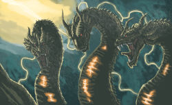Rule 34 | alien, conjoined, dragon, electricity, energy, glowing, glowing eyes, godzilla: king of the monsters, godzilla (series), hydra, kaijuu, king ghidorah, legendary pictures, lightning, monster, monsterverse, rain, red eyes, toho, tongue, utchi