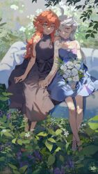 Rule 34 | 2girls, ahoge, alternate costume, black dress, blue dress, bouquet, day, dress, flower, forest, gundam, gundam suisei no majo, highres, holding, holding bouquet, holding hands, interlocked fingers, long hair, looking at viewer, miorine rembran, multiple girls, nature, otuming, outdoors, plant, red hair, shoes, smile, suletta mercury, thick eyebrows, toes, white hair, yuri